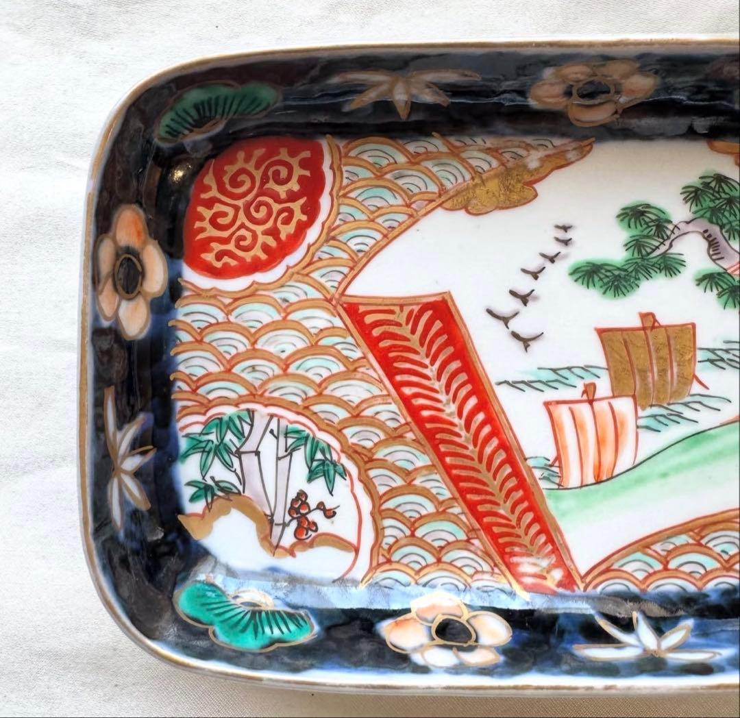 トム様用　伊万里 錦手色絵 帆船　波　松竹梅長皿文2客　角皿