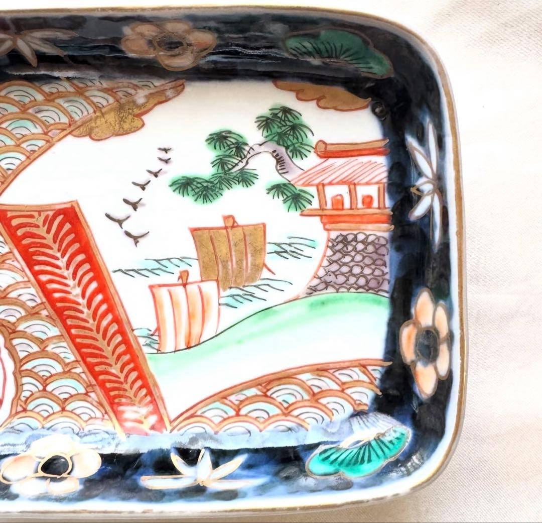 トム様用　伊万里 錦手色絵 帆船　波　松竹梅長皿文2客　角皿