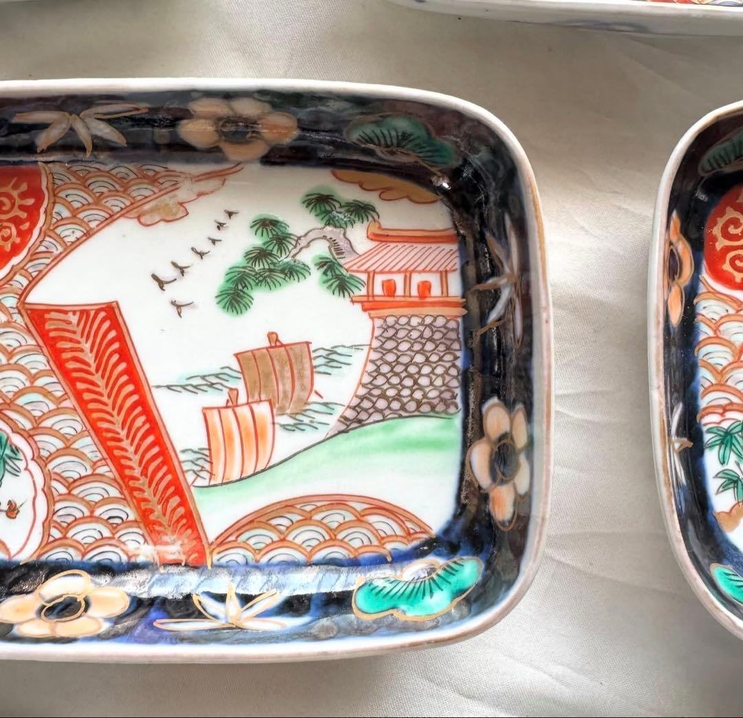 トム様用　伊万里 錦手色絵 帆船　波　松竹梅長皿文2客　角皿