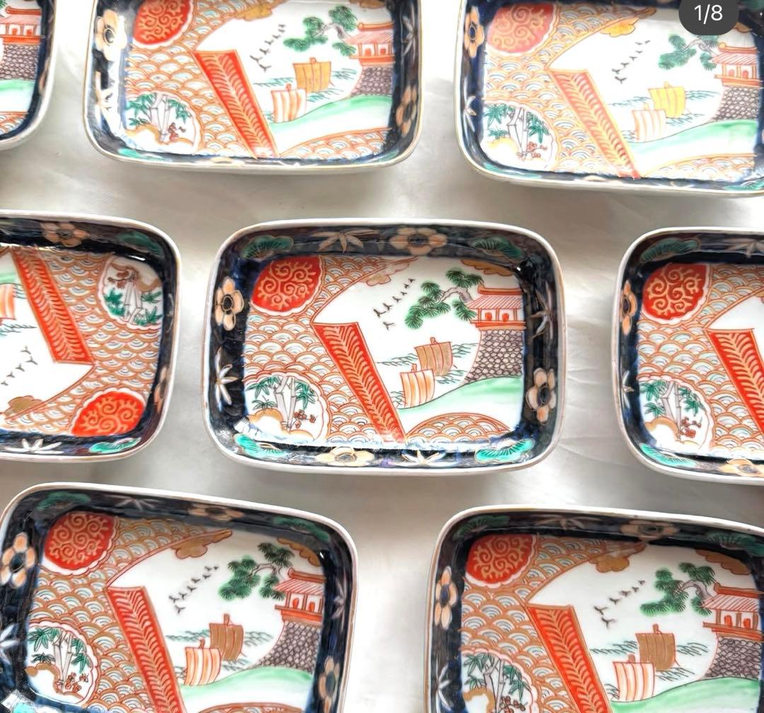 トム様用　伊万里 錦手色絵 帆船　波　松竹梅長皿文2客　角皿