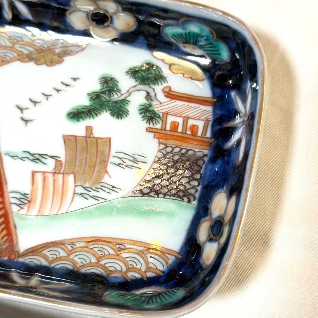 トム様用　伊万里 錦手色絵 帆船　波　松竹梅長皿文2客　角皿