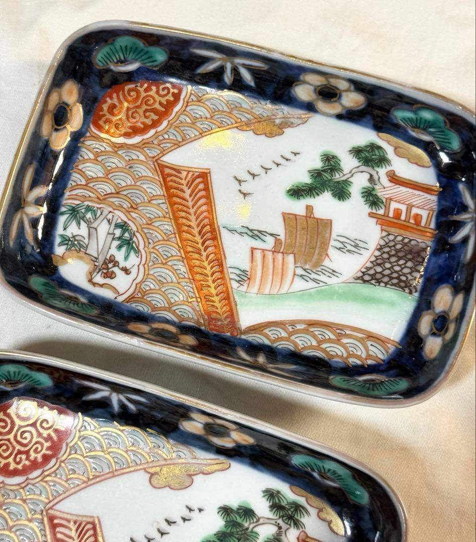 トム様用　伊万里 錦手色絵 帆船　波　松竹梅長皿文2客　角皿