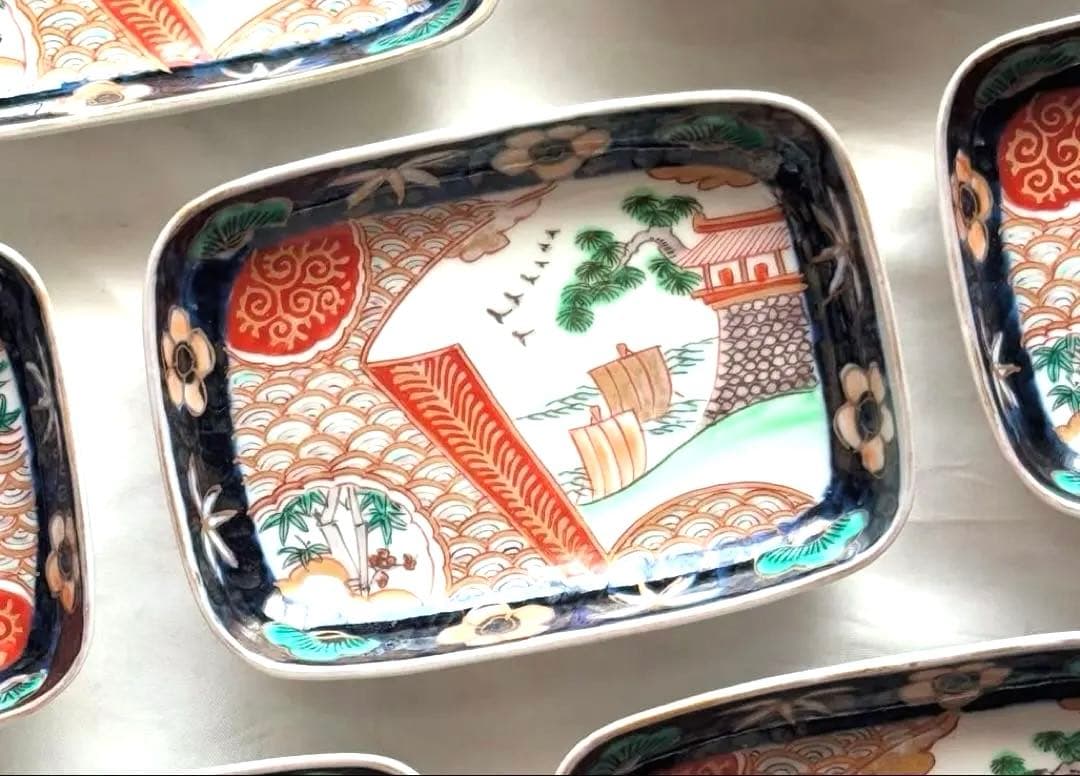 トム様用　伊万里 錦手色絵 帆船　波　松竹梅長皿文2客　角皿