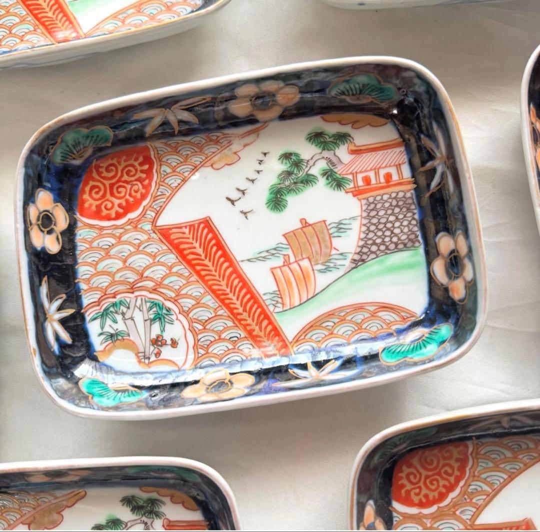 トム様用　伊万里 錦手色絵 帆船　波　松竹梅長皿文2客　角皿