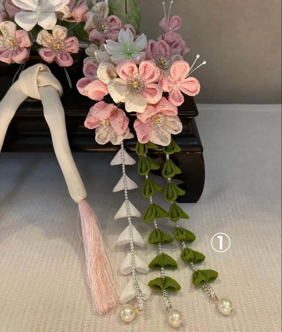 専用　七五三　梅桜饗宴　蝶々舞う勝山簪　金属簪　玉簪　ひわ鹿の子　白緑藤下がり