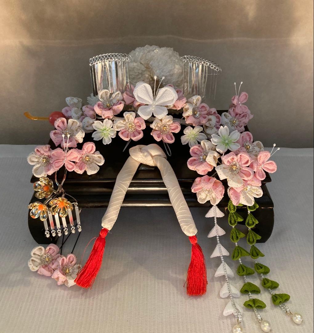 専用　七五三　梅桜饗宴　蝶々舞う勝山簪　金属簪　玉簪　ひわ鹿の子　白緑藤下がり