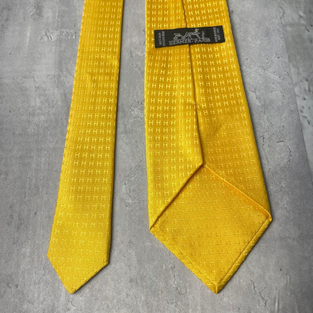 美品 HERMES エルメス H柄 総ロゴ ファソネ ネクタイ イエロー 黄