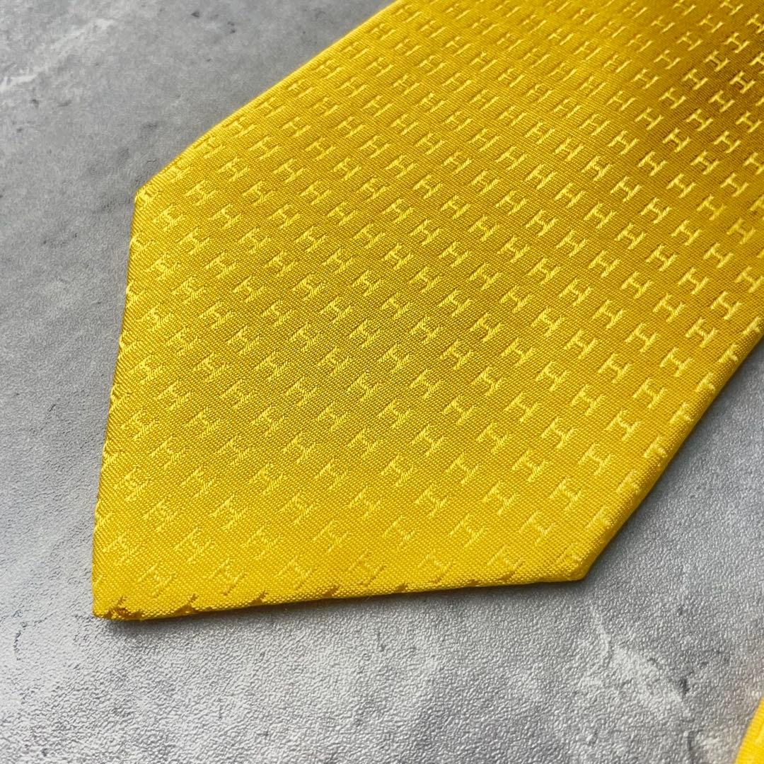 美品 HERMES エルメス H柄 総ロゴ ファソネ ネクタイ イエロー 黄