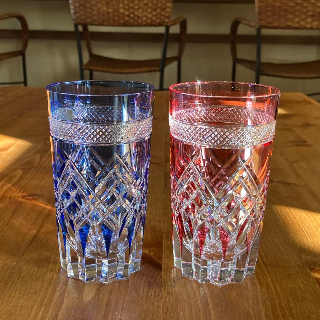 クリスタルガラス 青と赤のペアグラス カガミクリスタル 江戸切子 新品未使用