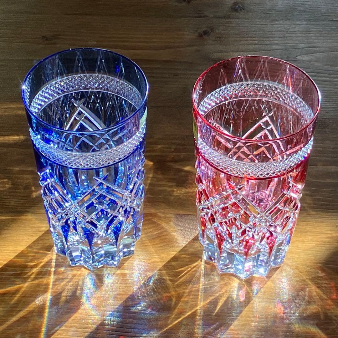 クリスタルガラス 青と赤のペアグラス カガミクリスタル 江戸切子 新品未使用