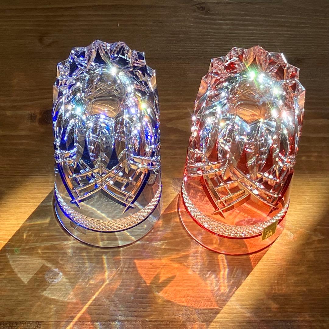 クリスタルガラス 青と赤のペアグラス カガミクリスタル 江戸切子 新品未使用