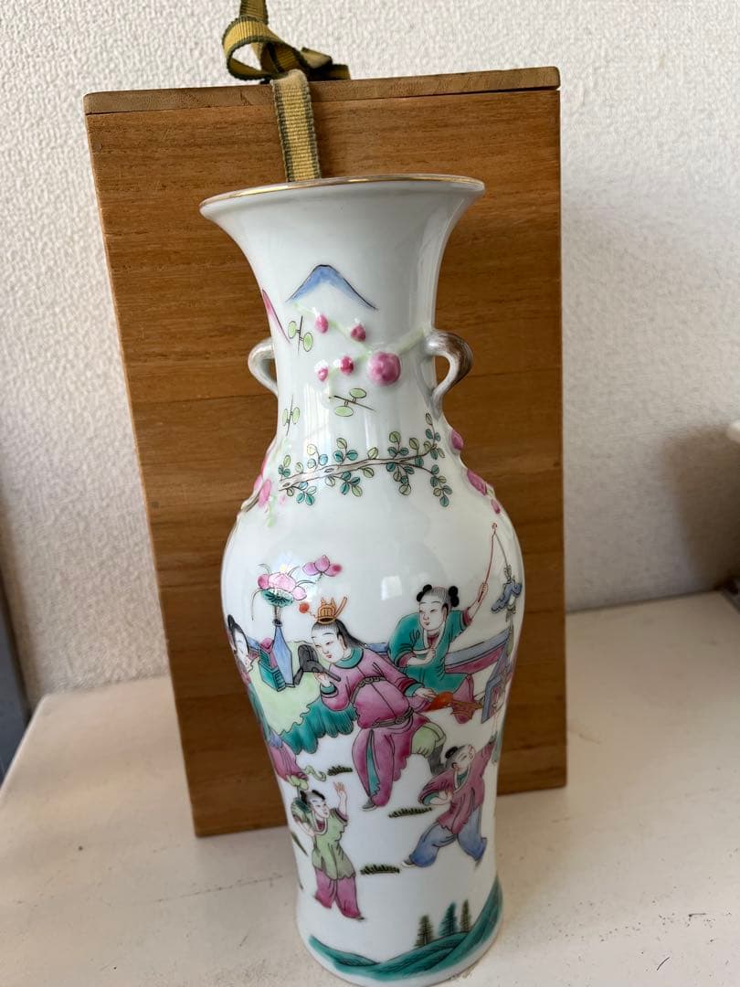 民国時代　中国古玩　粉彩　双耳 花瓶 壺　木箱