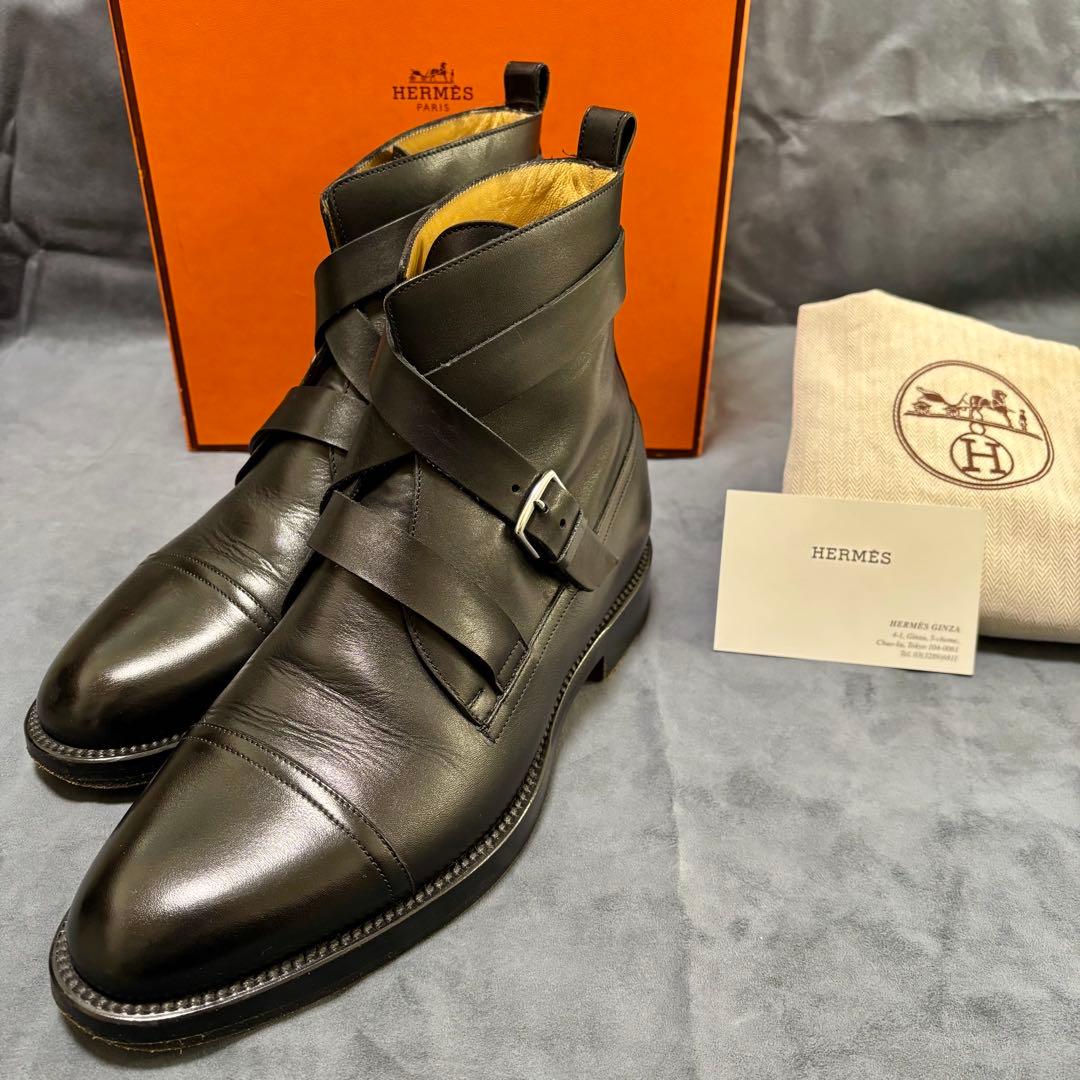 HERMES キャップトゥベルト付アンクルブーツ ブラックレザーブーツ 40.5