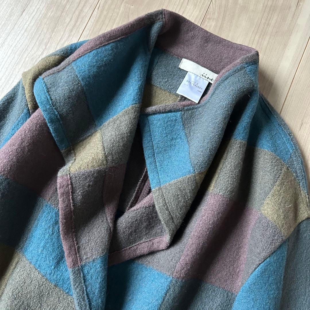 ほぼ未使用＊佐藤繊維 イイネス チェック柄 パッチワーク 圧縮ニットコート