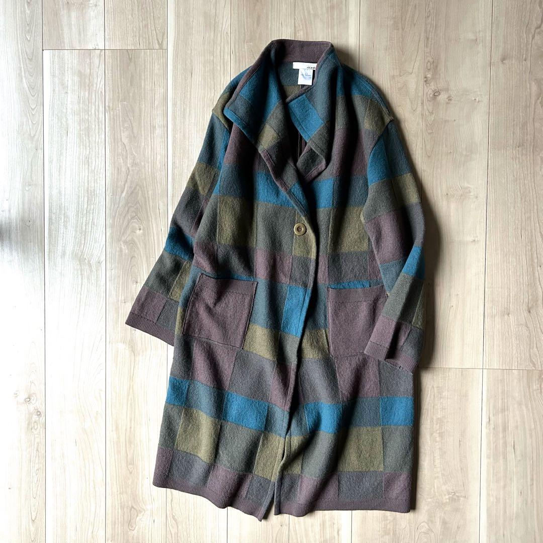 ほぼ未使用＊佐藤繊維 イイネス チェック柄 パッチワーク 圧縮ニットコート