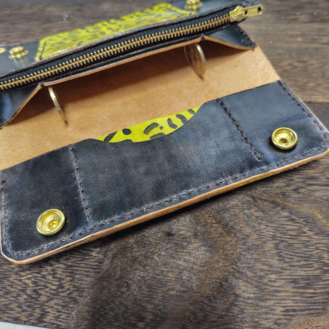 トラッカーウォレット　手染め　黒×豹柄