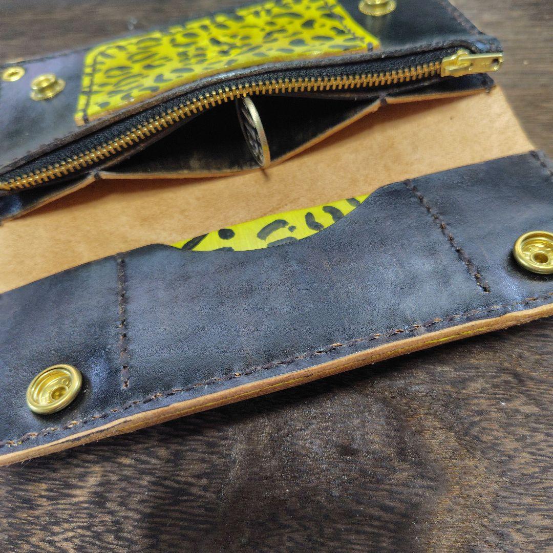 トラッカーウォレット　手染め　黒×豹柄