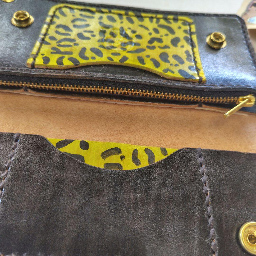 トラッカーウォレット　手染め　黒×豹柄