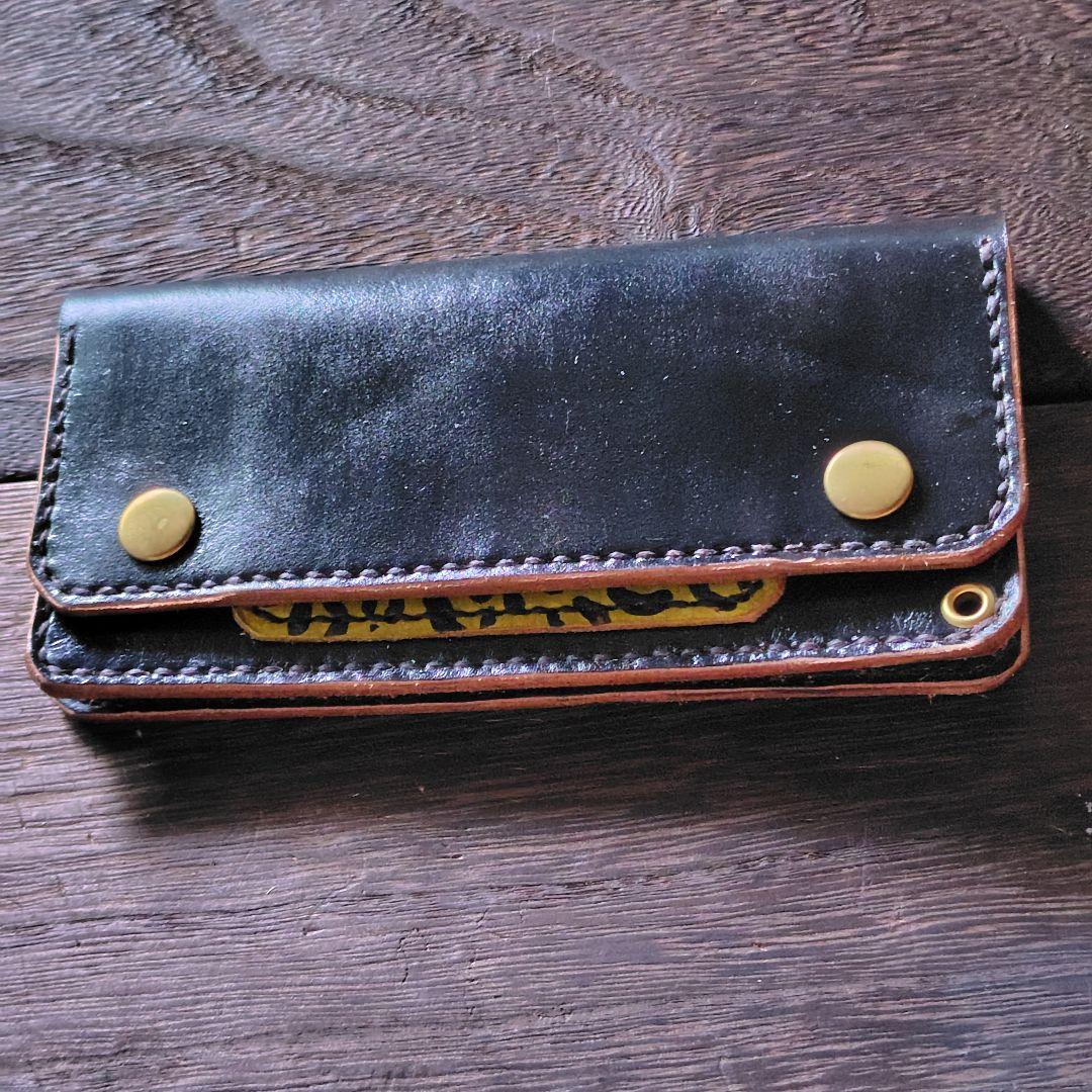 トラッカーウォレット　手染め　黒×豹柄