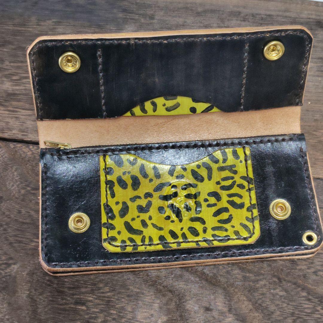 トラッカーウォレット　手染め　黒×豹柄