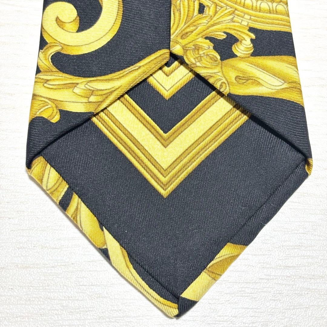 HERMES エルメス スカーフ柄 イエロー ブラック フランス製シルクネクタイ