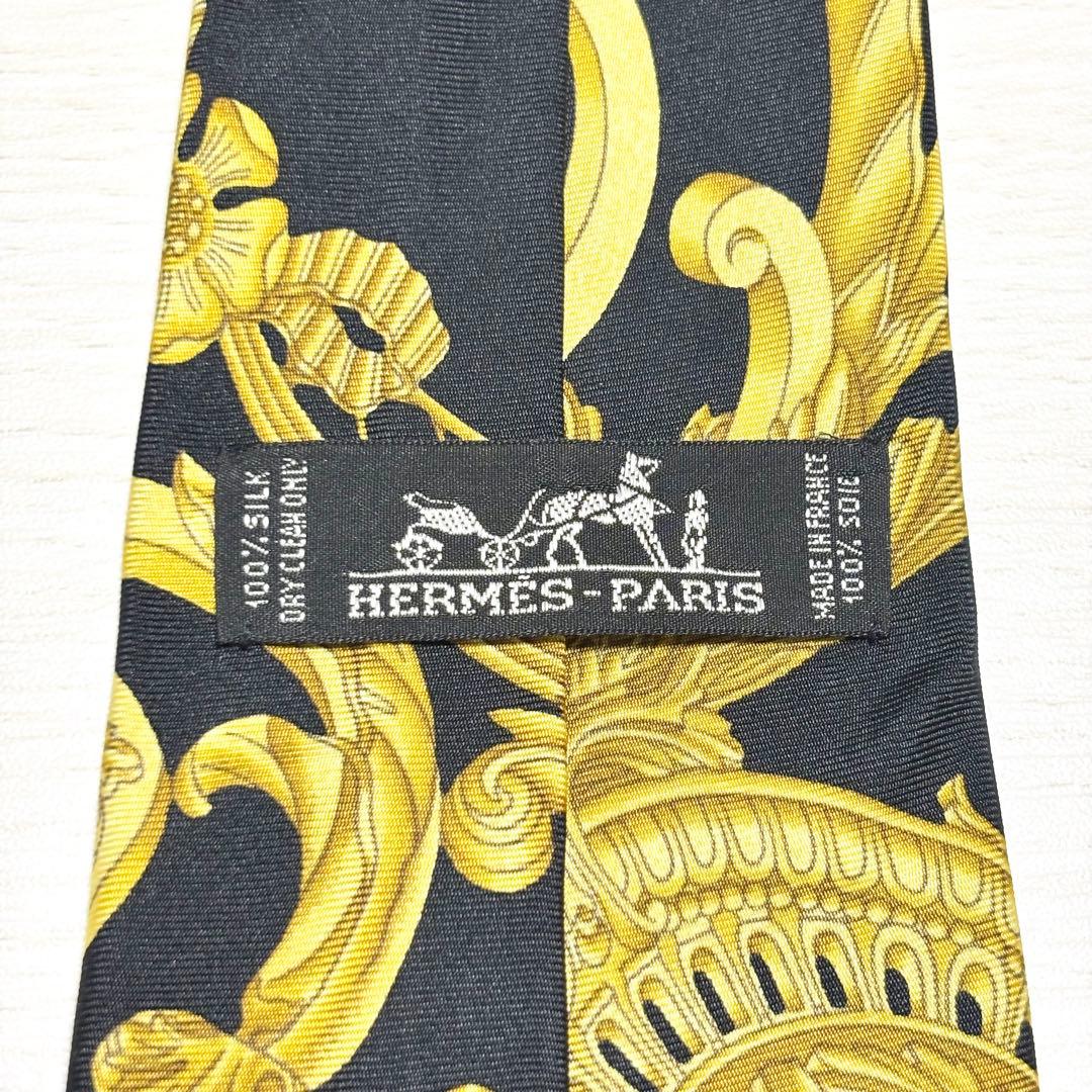 HERMES エルメス スカーフ柄 イエロー ブラック フランス製シルクネクタイ