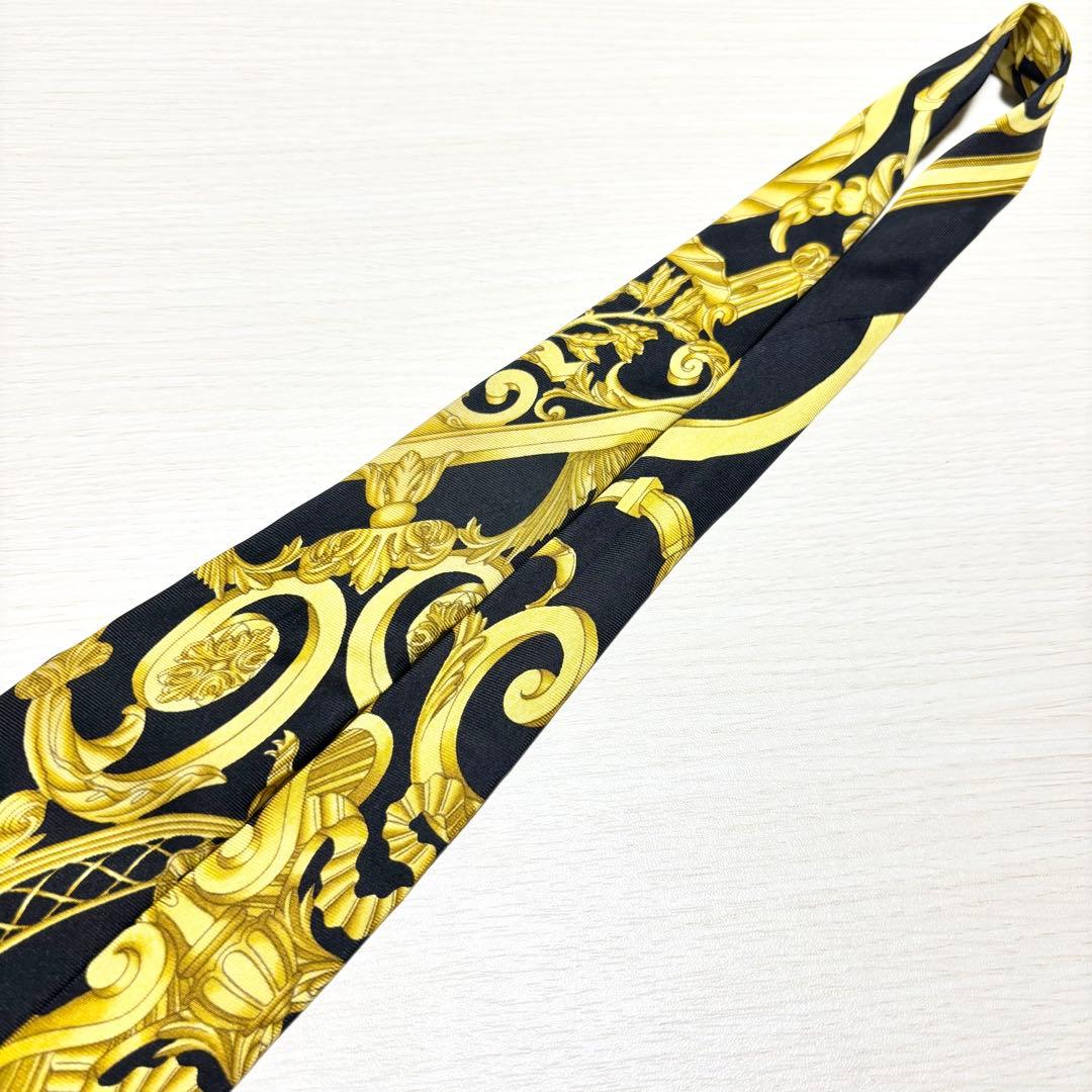 HERMES エルメス スカーフ柄 イエロー ブラック フランス製シルクネクタイ
