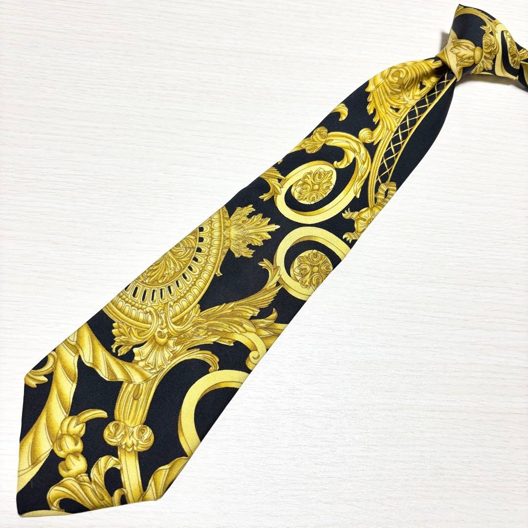 HERMES エルメス スカーフ柄 イエロー ブラック フランス製シルクネクタイ