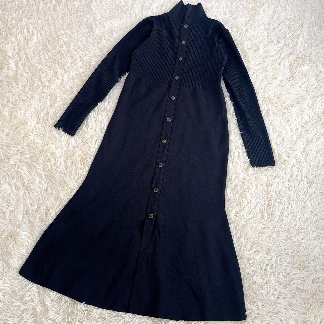 【美品】NOBLE　カラーブロックニットワンピース　リブ　マーメイド　ネイビーF