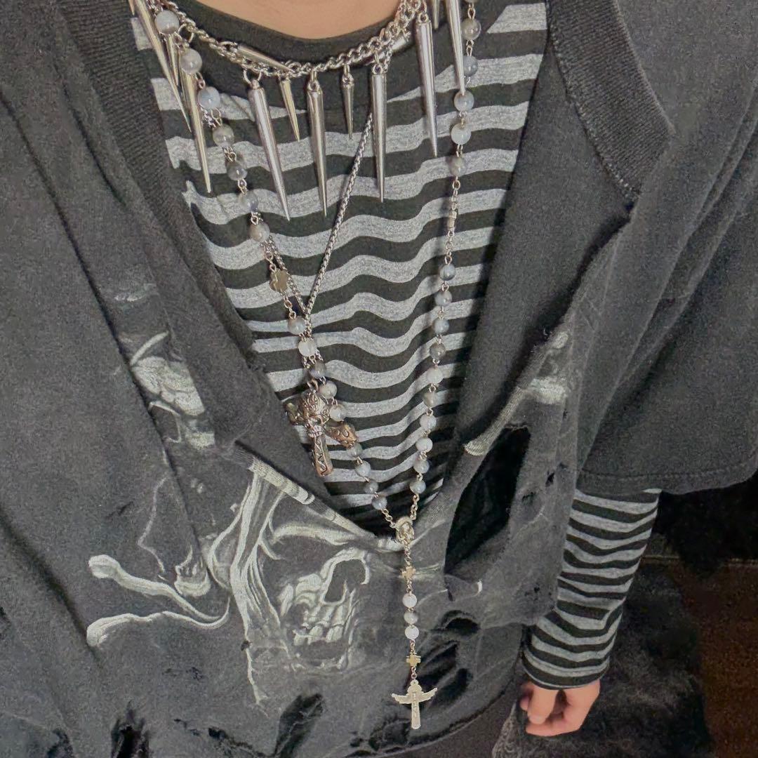 灰黒ボーダーロンT＋ダメージ髑髏Tシャツ　パンク　y2k グランジ