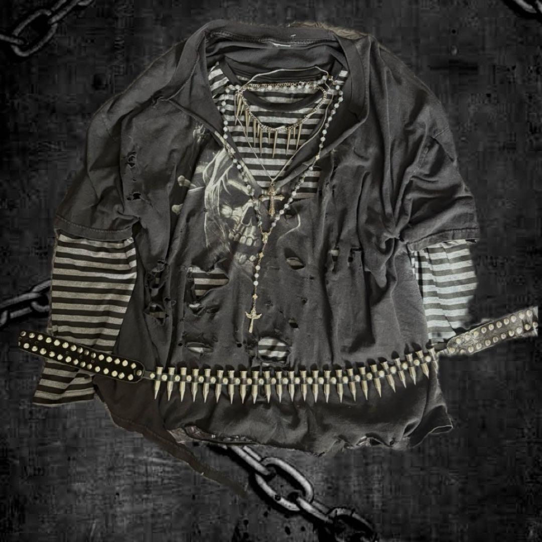 灰黒ボーダーロンT＋ダメージ髑髏Tシャツ　パンク　y2k グランジ