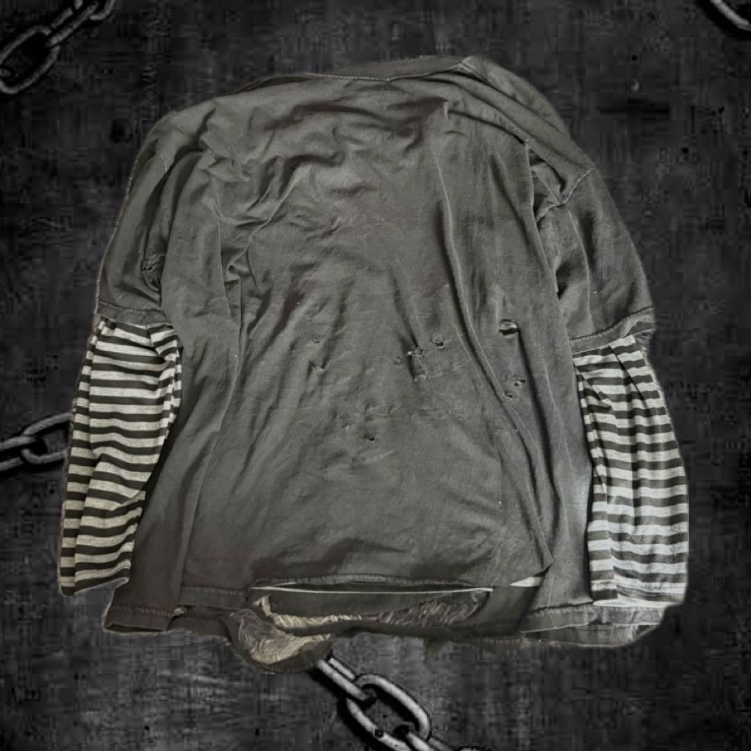 灰黒ボーダーロンT＋ダメージ髑髏Tシャツ　パンク　y2k グランジ