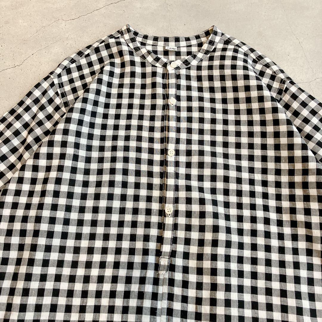 美品✦ฺ45R ギンガムチェック リネン チュニック ブラウス R刺繍