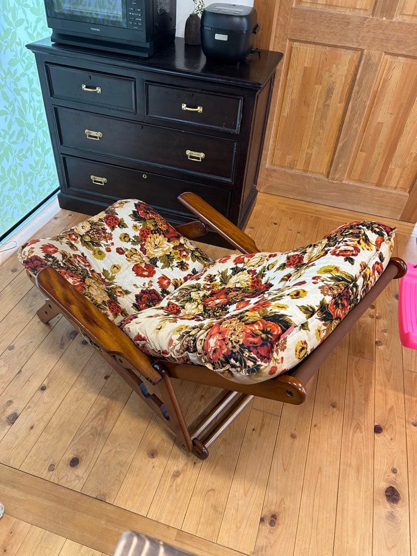 北欧レトロ 薔薇柄 ウッドリクライニングチェア ラウンジチェア アンティーク