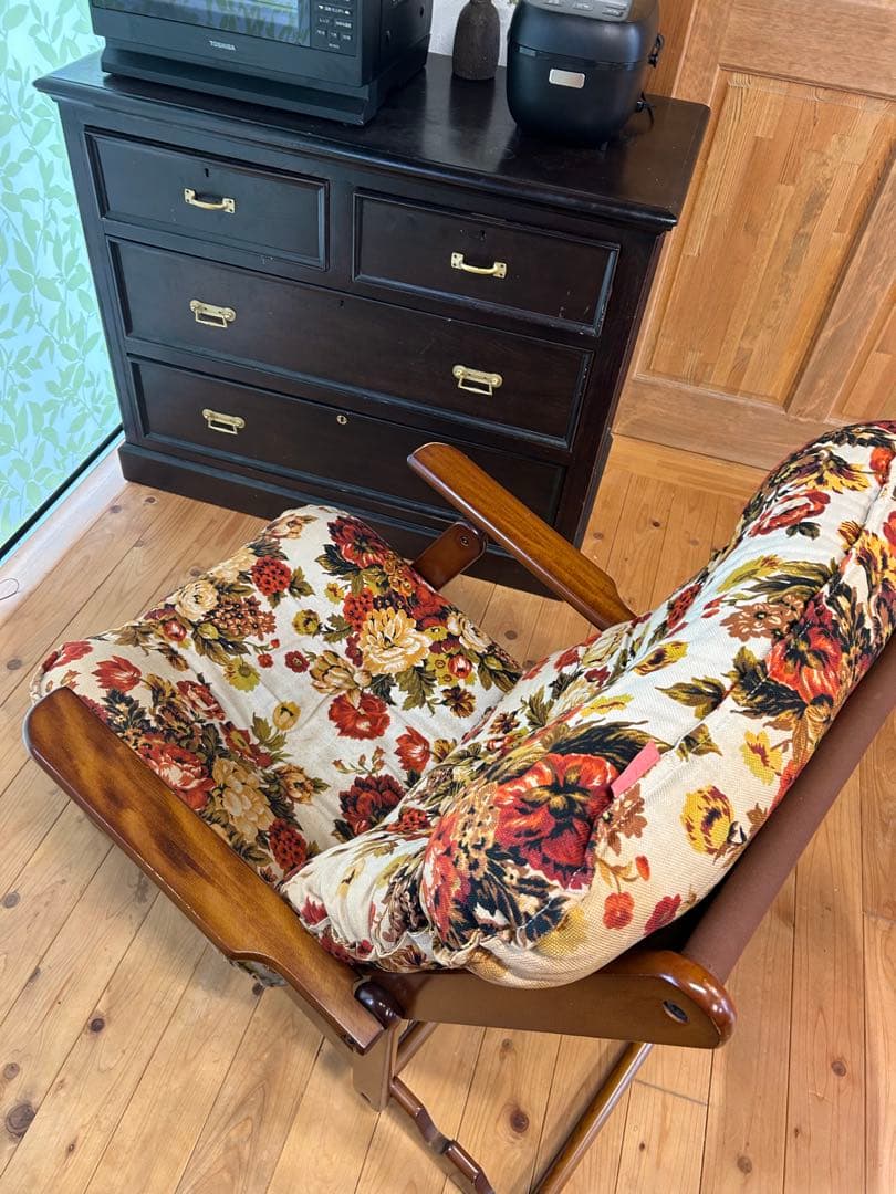 北欧レトロ 薔薇柄 ウッドリクライニングチェア ラウンジチェア アンティーク