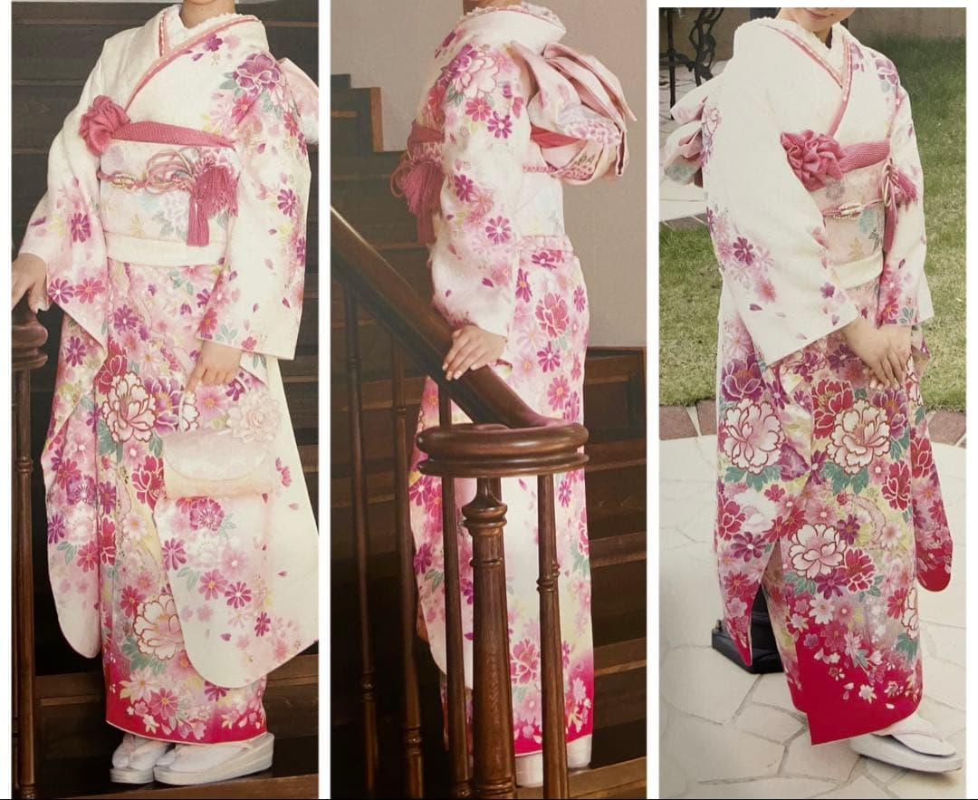 【再値下げ】振袖フルセット 花柄 ピンク系 白系