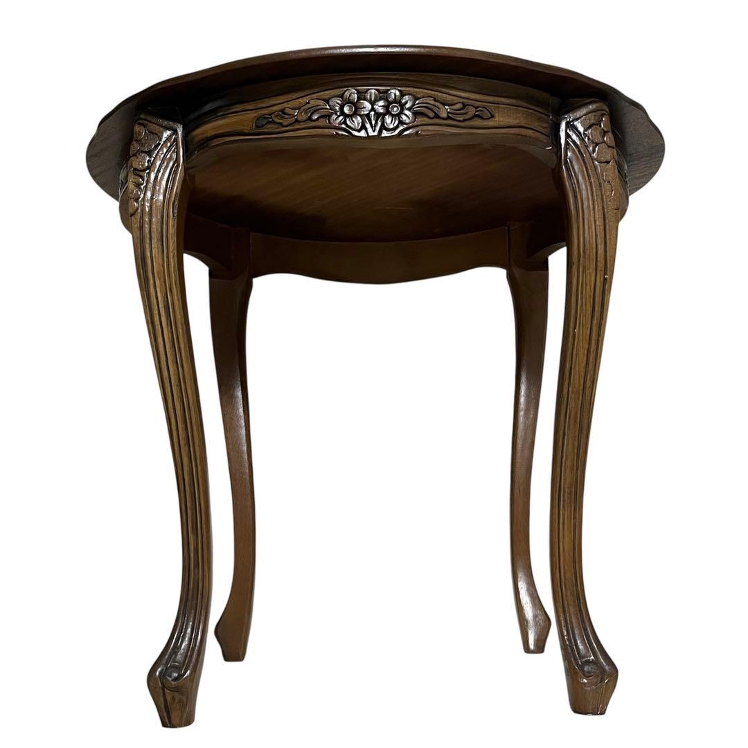 アンティーク調 コーヒーテーブル 猫脚 彫刻 花柄 ダークブラウン 円卓