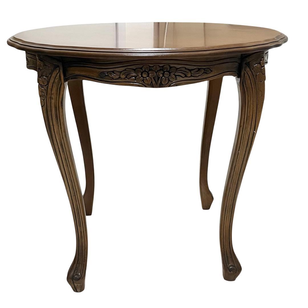 アンティーク調 コーヒーテーブル 猫脚 彫刻 花柄 ダークブラウン 円卓