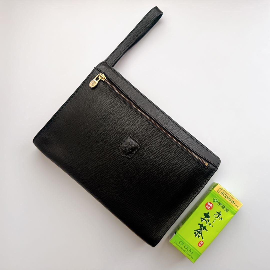 セリーヌ クラッチ セカンド バッグ マカダム ロゴ 本革 黒 ゴールド金具