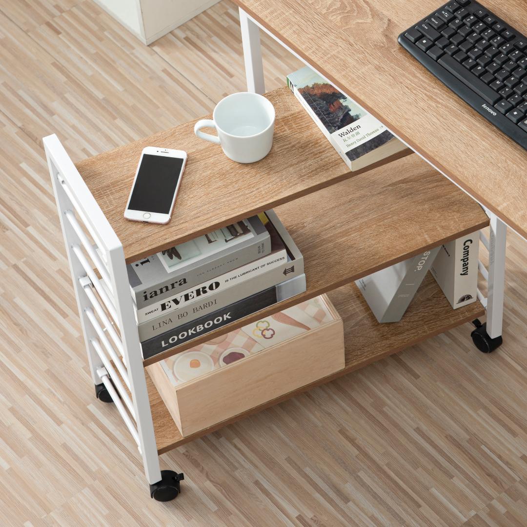 【ナチュラル】パソコンデスクキャスター付きで移動可能ラック付きデスクワークデスク