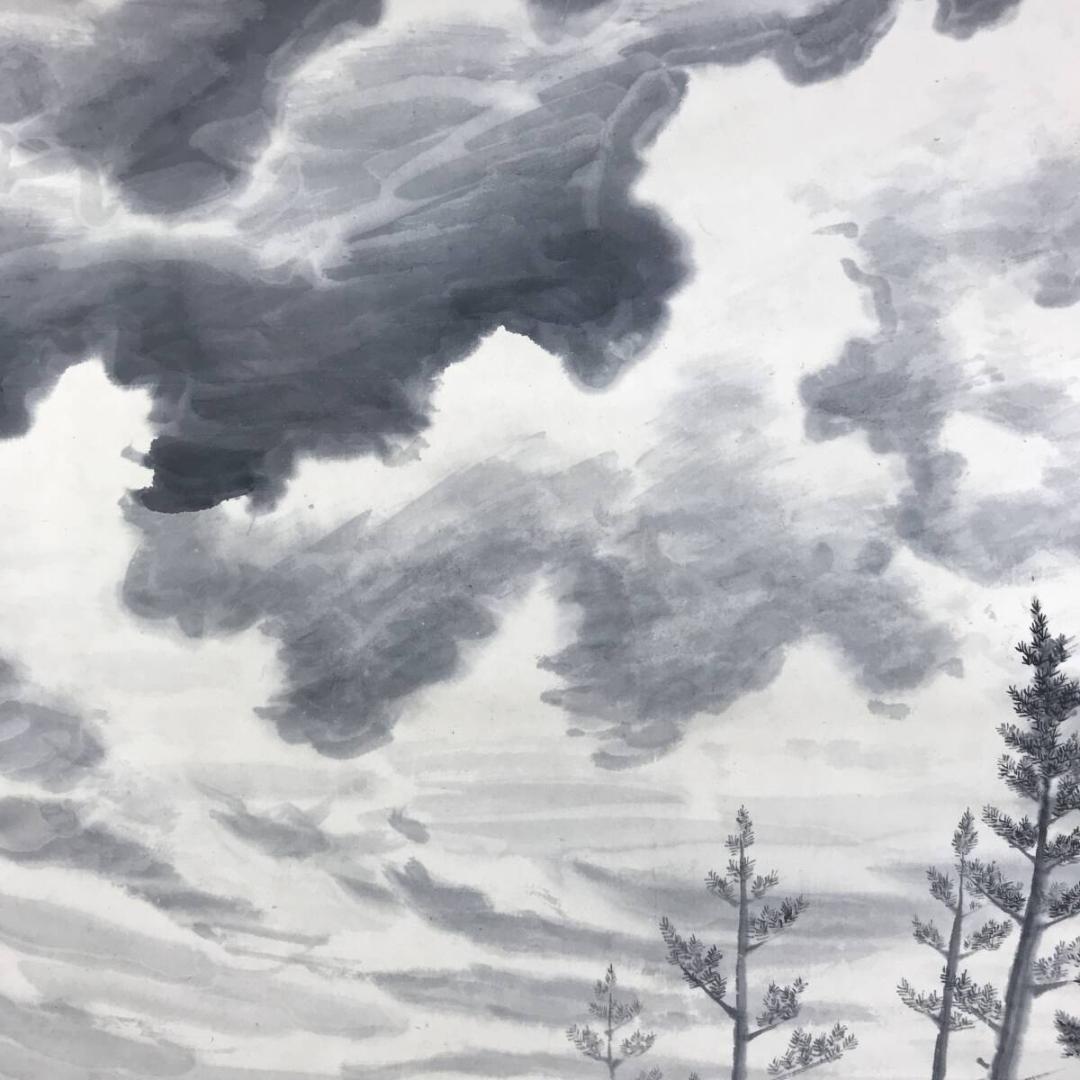 ひでよし）真作/茨木杉風/雲に立木図/山水図/掛軸☆宝船☆AH-677