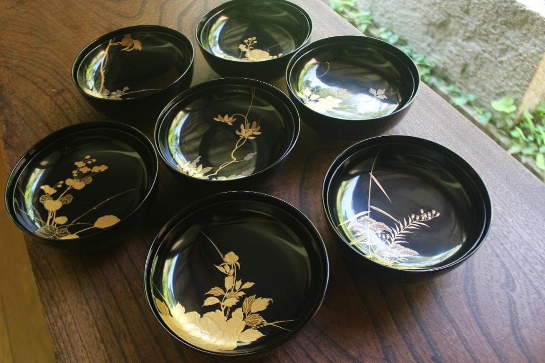 時代逸品！時代黒漆に極上草花蒔絵の映えるお椀7点（検輪島塗蒔絵椀雑煮椀煮物椀
