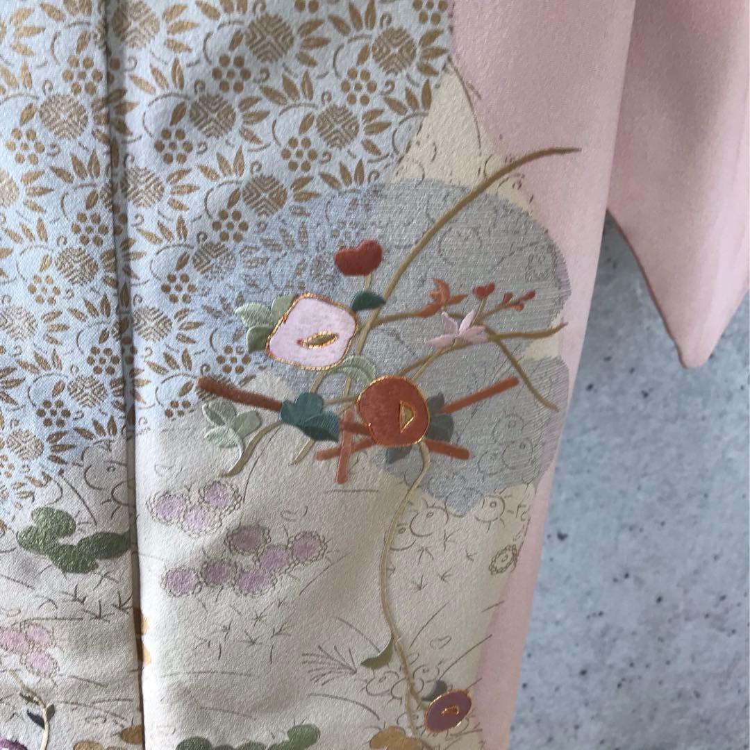正絹　上質な訪問着　部分刺繍に金彩　袷　小さめサイズ