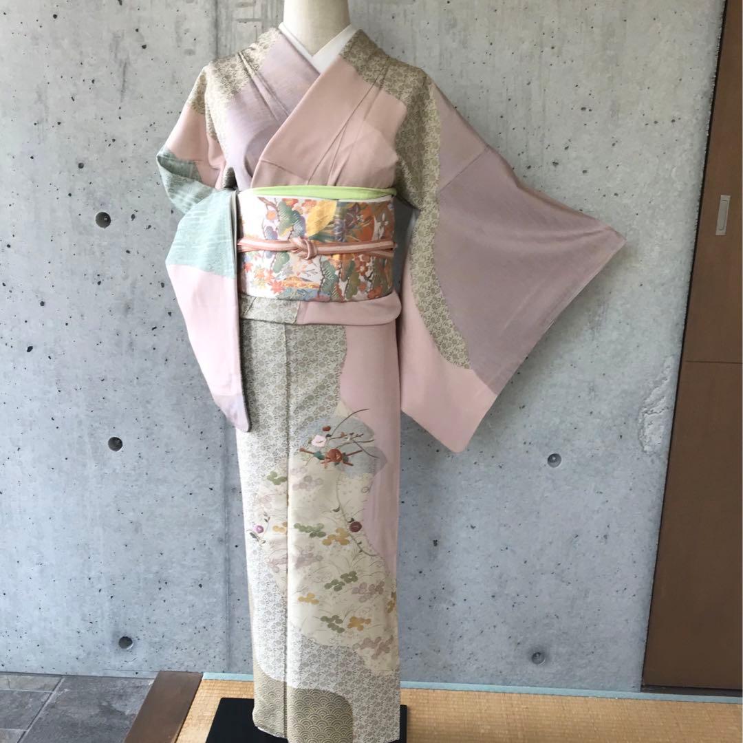 正絹　上質な訪問着　部分刺繍に金彩　袷　小さめサイズ