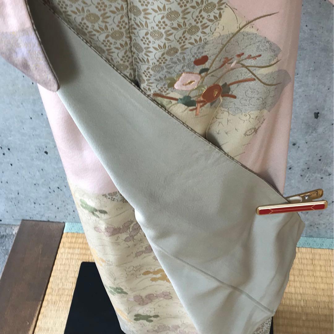 正絹　上質な訪問着　部分刺繍に金彩　袷　小さめサイズ