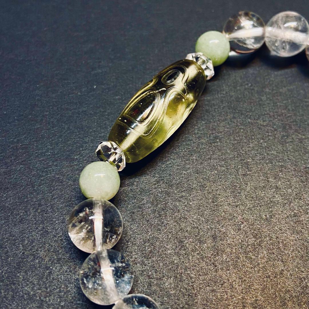 ◆貴少◆リビアングラスの財神天珠◆ヒマラヤ水晶と糸魚川翡翠ブレス◆
