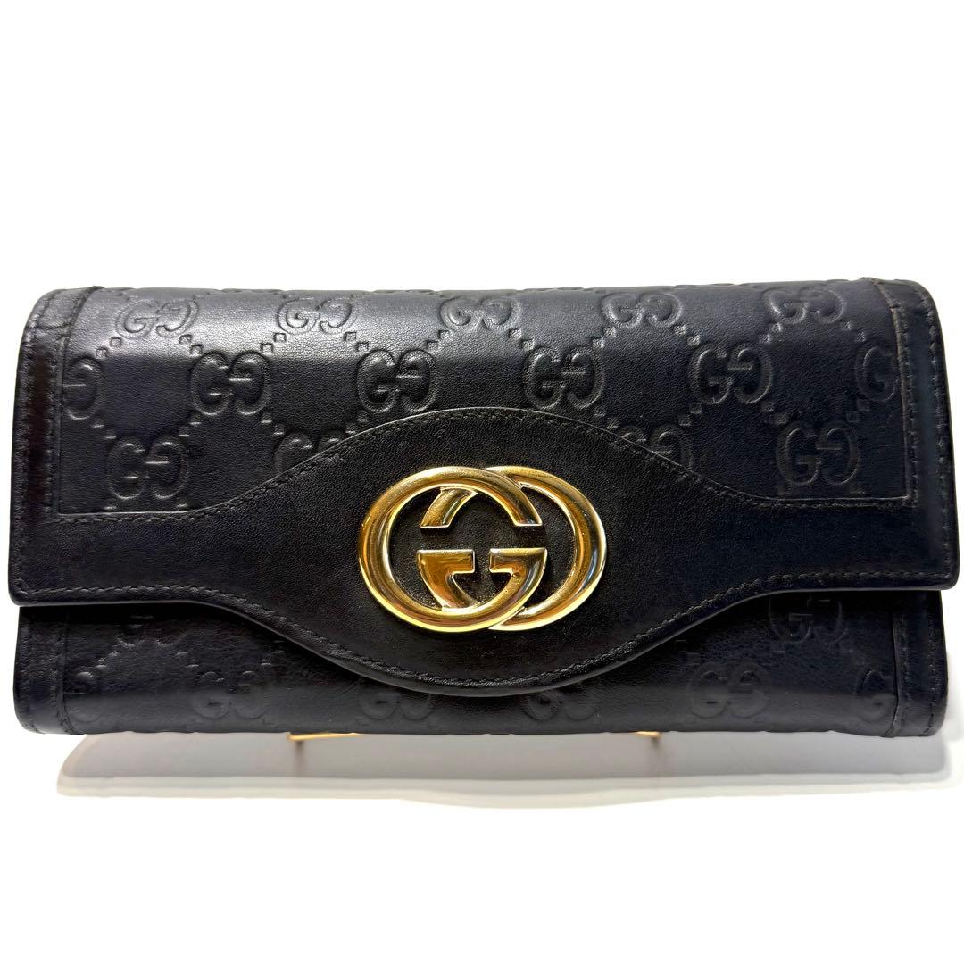 美品☆GUCCI 長財布 シマ インターロッキング フラップ 箱付き ブラック