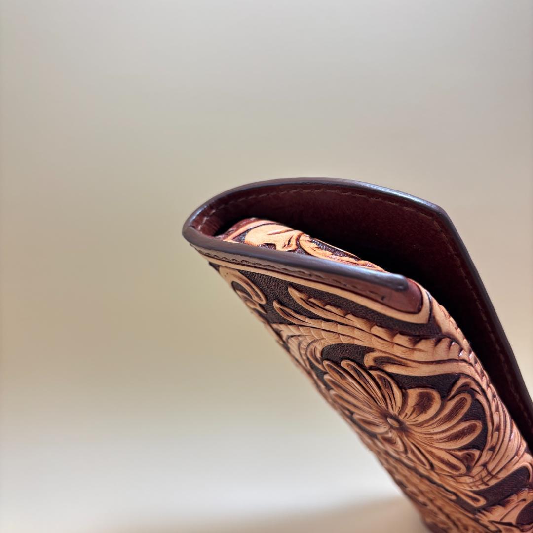 レザーカービング（革彫刻）を施した眼鏡ケース サングラスケース デイジー 茶