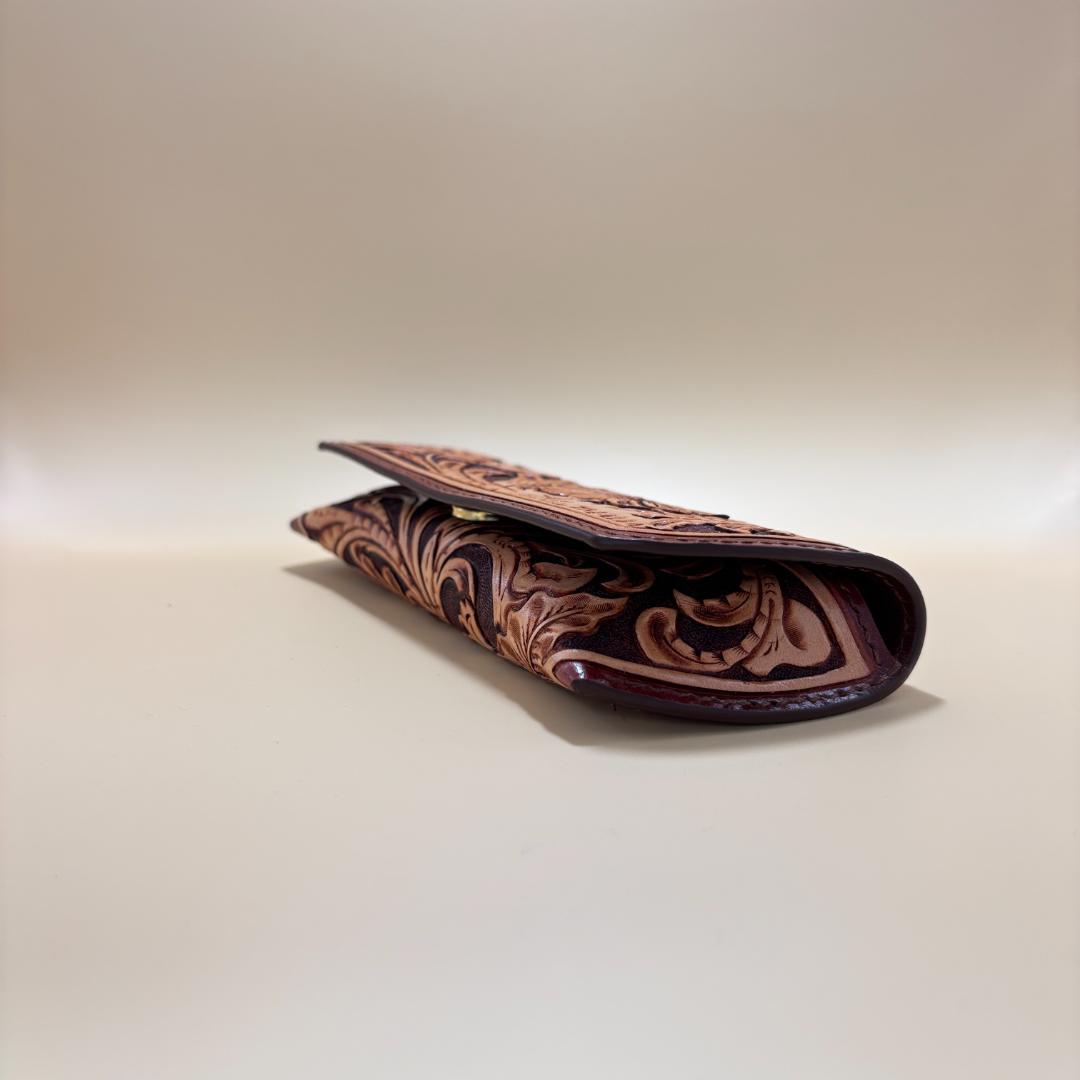 レザーカービング（革彫刻）を施した眼鏡ケース サングラスケース デイジー 茶