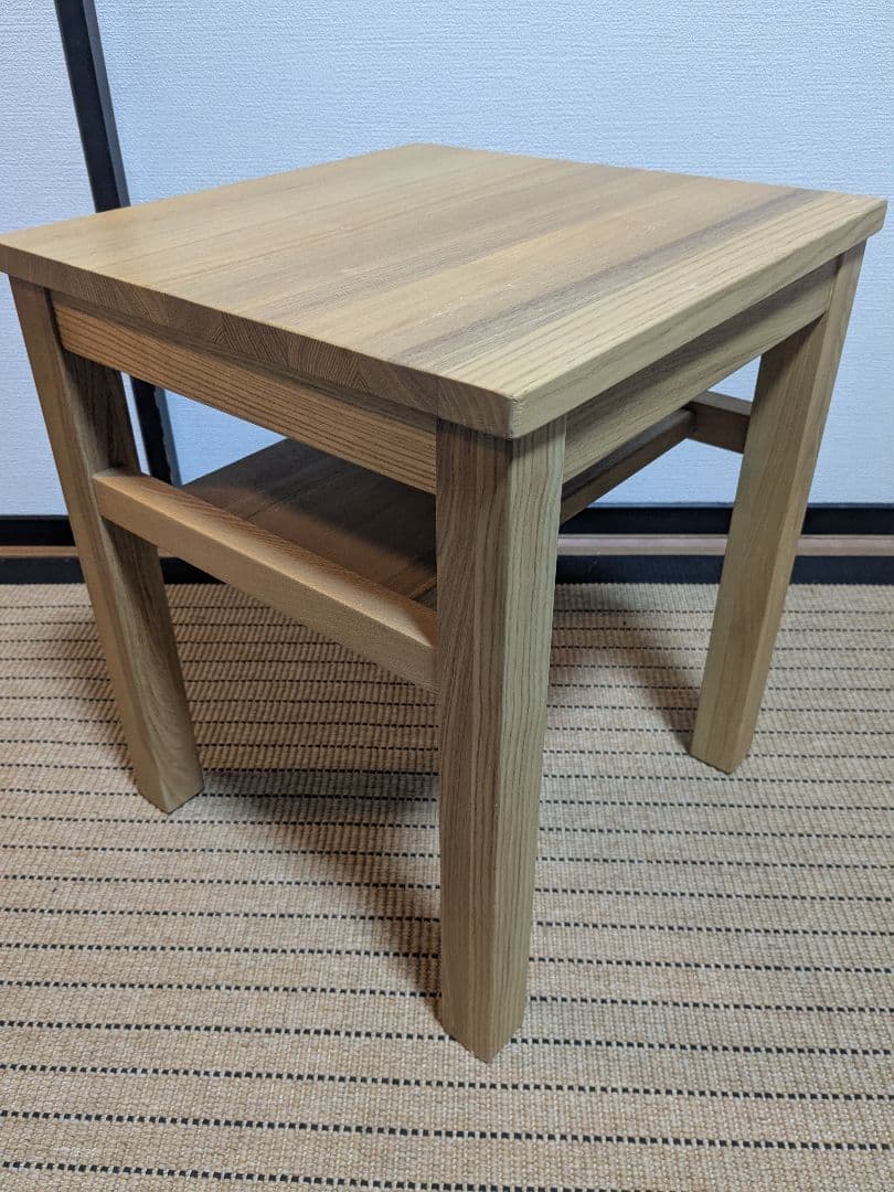 ●　無印良品、サイドテーブルベンチ、タモ材、棚付き、送料込み